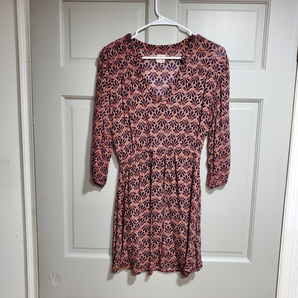O'neill Women V-neck Dress XS 3/4 Sleeve Pink Blue Geometric Elastic Waist
